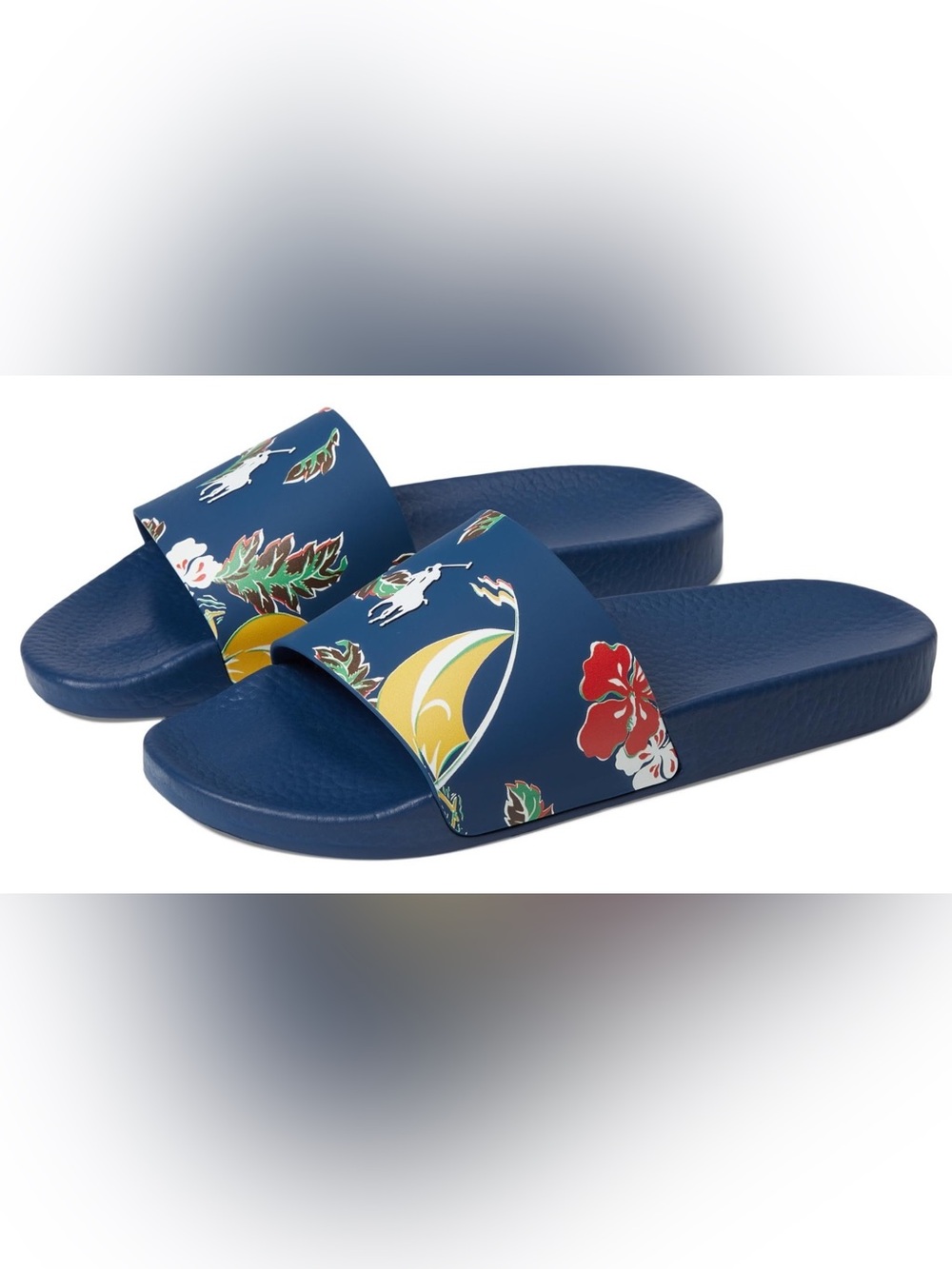 Polo Ralph Lauren Mens Slide Sandals Blue Tropical Floral Casual